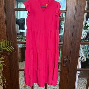 Hot Pink Tiered Maxi Dress V-Neck Ruffle Cap Sleeve Relaxed Summer Boho Large
